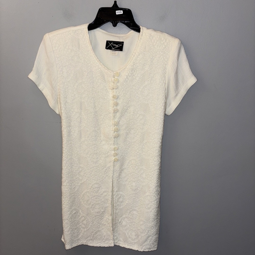 VTG White Crochet Tunic Top Short Sleeve Tie Back Cottagecore 90's Boho Sz  9/10